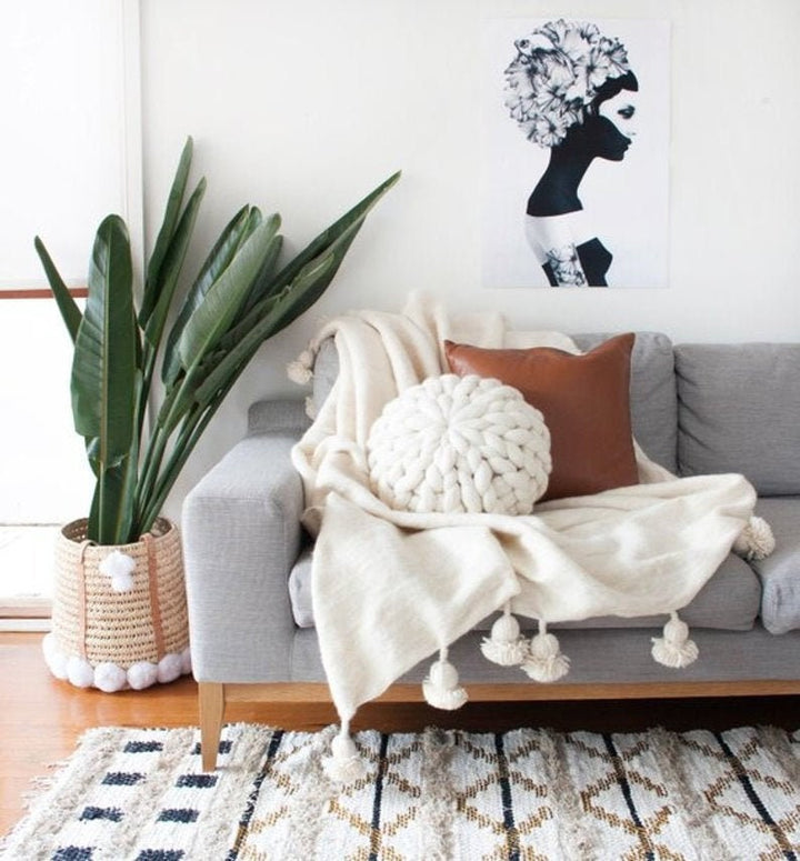 Moroccan pom pom throw blanket,bohemian decor bedcover, blanket sofa, pom pom blanket, Throw Blanket With Tassels