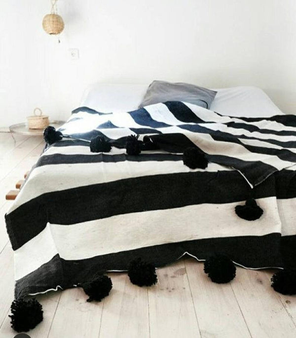 Beautiful Moroccan Pompom Blanket,Pom Poms,Boho Blanket,Cotton Bed Cover with Black stripes, moroccan Pompom throw blanket, Pompom Blanket