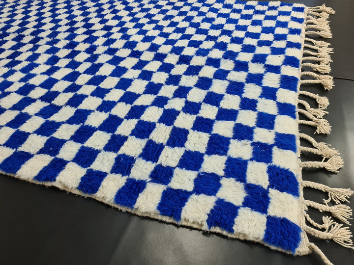 MOROCCAN BLUE RUG, Beni Ouarain Carpet, Berber Checkered Rug, Berber White and Blue Checker Rug, Tribal Handmade Rug, Blue Checkerboard Rug