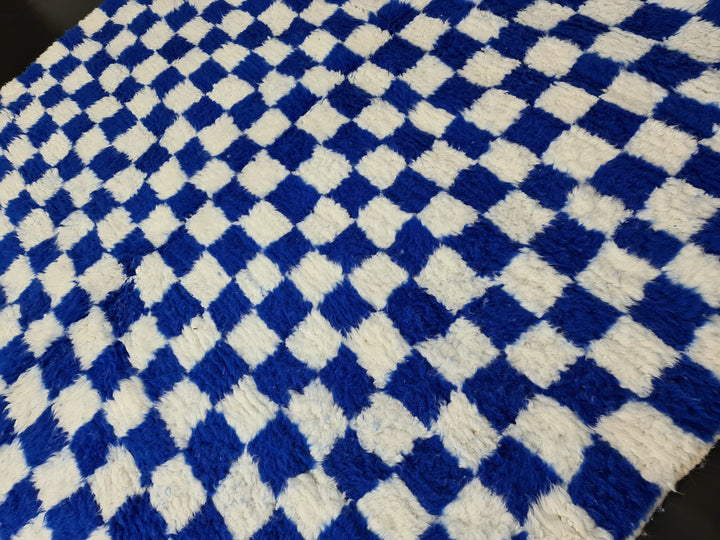 MOROCCAN BLUE RUG, Beni Ouarain Carpet, Berber Checkered Rug, Berber White and Blue Checker Rug, Tribal Handmade Rug, Blue Checkerboard Rug