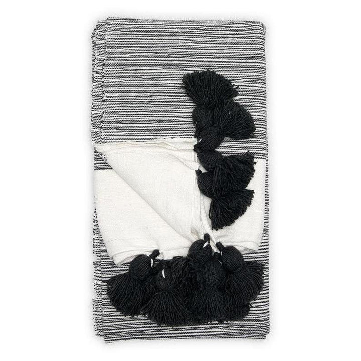 bestseller moroccan throw blanket, Cotton Moroccan Pompom Blanket,bedroom blanket, moroccan pompom blanket White with Black stripes pompoms