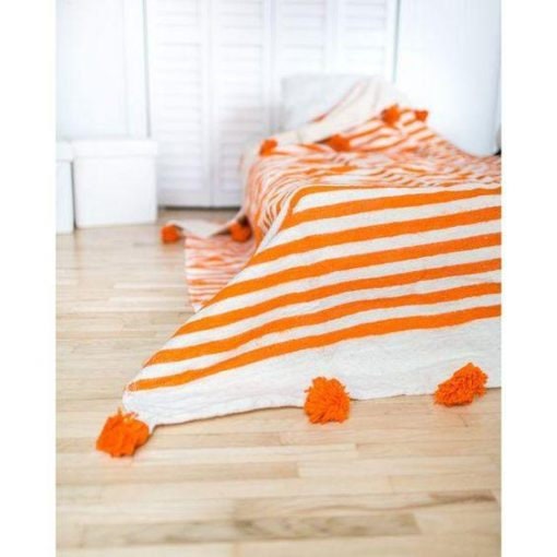 WhiteOrange Moroccan pom pom throw blanket,bohemian decor bedcover, blanket sofa, pom pom blanket, Throw Blanket With Tassels