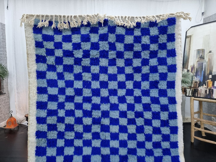 PRETTY BENIOURAIN RUG, Moroccan Handmade Rug, Blue And White Rug, Checkered Rug, Berber Rug, Handmade Rug, Handwoven Rug, Checkerboard Rug