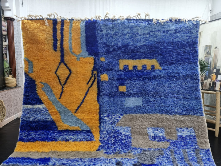 UNIQUE BENIOURAIN RUG, Moroccan Rug, Blue  Yellow Rug, Abstract Rug, Handmade Rug, Handwoven Rug, Plain Rug, Bohemian Rug, Blue Area Rug