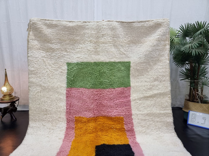 GORGEOUS MOROCCAN RUG, Handmade Wool Rug, White And Yellow Rug, Berber Wool Rug, Abstract Wool Carpet, Funky Rug, Area Rug, Handwoven rug.
