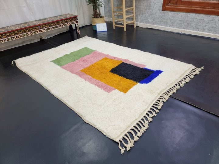 GORGEOUS MOROCCAN RUG, Handmade Wool Rug, White And Yellow Rug, Berber Wool Rug, Abstract Wool Carpet, Funky Rug, Area Rug, Handwoven rug.