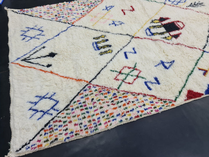 ABSTRACT MOROCCAN RUG, Vibrant Beni Ourain Rug, Handmade Rug , Authentic Moroccan Rug, Azilal Rug, Berber Symbols Rug, Sheep Wool Rug