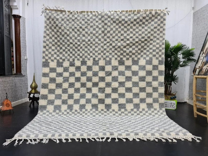 AMAZING BENIOURAIN CARPET, Moroccan Handmade Rug, White And Gray Rug, Tribal Checkered Rug, Handmade Wool Carpet, Azilal Checkerboard Rug.