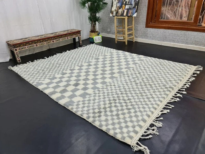 AMAZING BENIOURAIN CARPET, Moroccan Handmade Rug, White And Gray Rug, Tribal Checkered Rug, Handmade Wool Carpet, Azilal Checkerboard Rug.