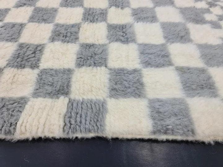 AMAZING BENIOURAIN CARPET, Moroccan Handmade Rug, White And Gray Rug, Tribal Checkered Rug, Handmade Wool Carpet, Azilal Checkerboard Rug.