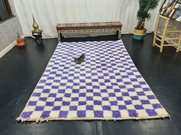 AMAZING BENIOURAIN RUG, Handmade Wool Rug, Moroccan Rug, Checkered Eggplant Purple And White Rug, Sheep Wool Rug, Handwoven Rug,Azilal Rug