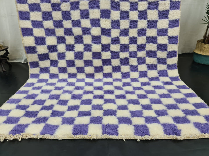 AMAZING BENIOURAIN RUG, Handmade Wool Rug, Moroccan Rug, Checkered Eggplant Purple And White Rug, Sheep Wool Rug, Handwoven Rug,Azilal Rug