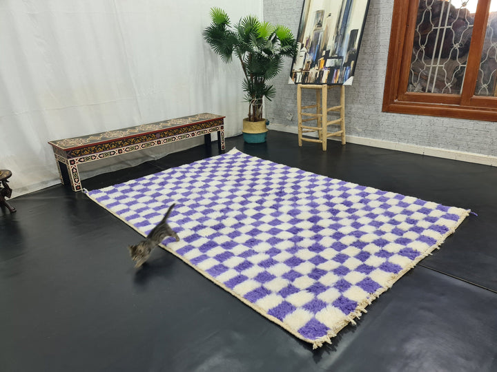 AMAZING BENIOURAIN RUG, Handmade Wool Rug, Moroccan Rug, Checkered Eggplant Purple And White Rug, Sheep Wool Rug, Handwoven Rug,Azilal Rug