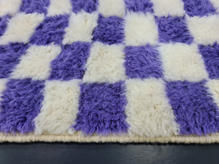 AMAZING BENIOURAIN RUG, Handmade Wool Rug, Moroccan Rug, Checkered Eggplant Purple And White Rug, Sheep Wool Rug, Handwoven Rug,Azilal Rug