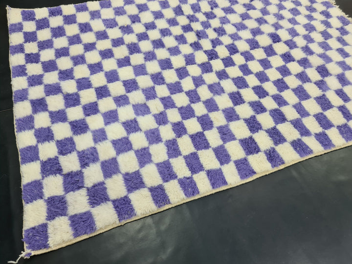 AMAZING BENIOURAIN RUG, Handmade Wool Rug, Moroccan Rug, Checkered Eggplant Purple And White Rug, Sheep Wool Rug, Handwoven Rug,Azilal Rug