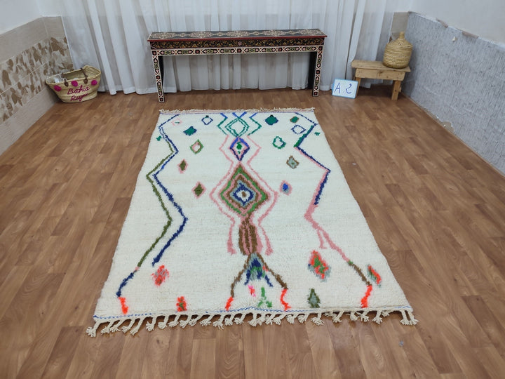 AMAZING MOROCCAN CARPET, Beni Ouran Handmade Rug, Tribal Berber Rug, Sheep Wool Rug, Authentic White And Green Rug, Handwoven Geometric Rug.