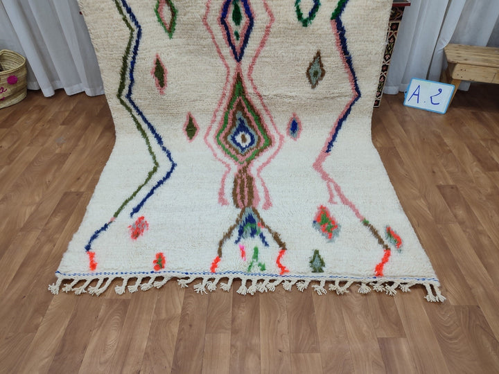 AMAZING MOROCCAN CARPET, Beni Ouran Handmade Rug, Tribal Berber Rug, Sheep Wool Rug, Authentic White And Green Rug, Handwoven Geometric Rug.