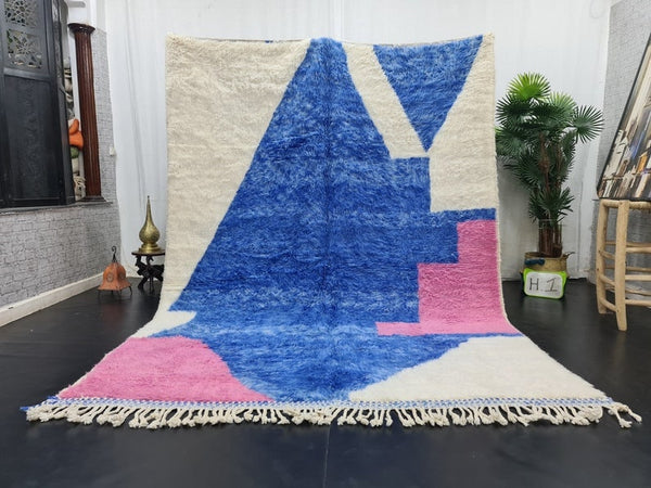 AMAZING MOROCCAN RUG, Blue And Pink Rug, Beni Ourain Rug, Berber Wool Rug, Handwoven Abstract Rug, Azilal Carpet,Beniourain Wool Rug.