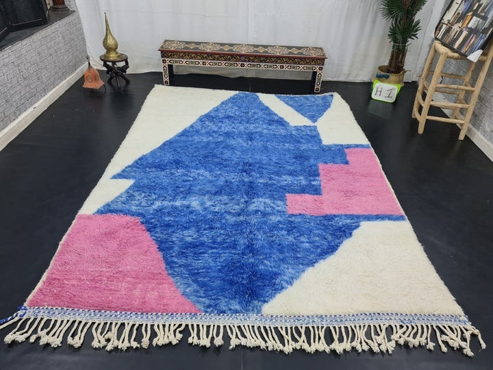 AMAZING MOROCCAN RUG, Blue And Pink Rug, Beni Ourain Rug, Berber Wool Rug, Handwoven Abstract Rug, Azilal Carpet,Beniourain Wool Rug.