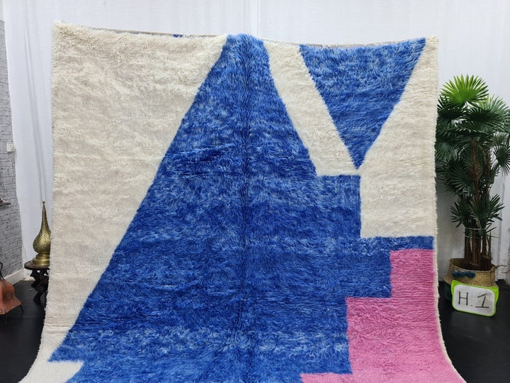 AMAZING MOROCCAN RUG, Blue And Pink Rug, Beni Ourain Rug, Berber Wool Rug, Handwoven Abstract Rug, Azilal Carpet,Beniourain Wool Rug.