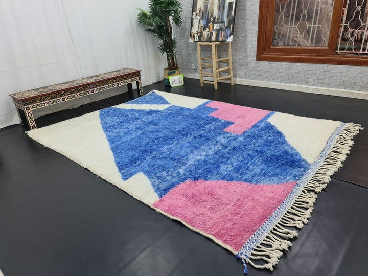 AMAZING MOROCCAN RUG, Blue And Pink Rug, Beni Ourain Rug, Berber Wool Rug, Handwoven Abstract Rug, Azilal Carpet,Beniourain Wool Rug.