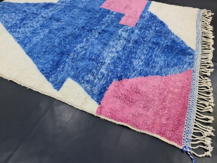 AMAZING MOROCCAN RUG, Blue And Pink Rug, Beni Ourain Rug, Berber Wool Rug, Handwoven Abstract Rug, Azilal Carpet,Beniourain Wool Rug.