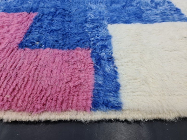 AMAZING MOROCCAN RUG, Blue And Pink Rug, Beni Ourain Rug, Berber Wool Rug, Handwoven Abstract Rug, Azilal Carpet,Beniourain Wool Rug.