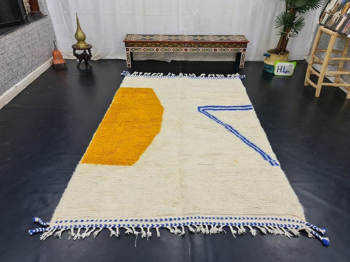 AMAZING MOROCCAN RUG, Handmade Beni Ourain Rug, Moroccan Rug, Azilal Rug, Blue And Mustard Berber Rug, Abstract Carpet, Handwoven Wool Rug.