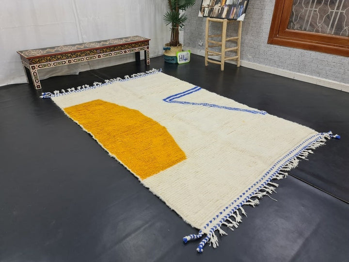 AMAZING MOROCCAN RUG, Handmade Beni Ourain Rug, Moroccan Rug, Azilal Rug, Blue And Mustard Berber Rug, Abstract Carpet, Handwoven Wool Rug.