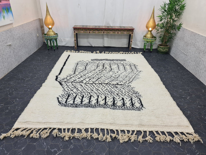 ARTISTIC MOROCCAN RUG, White And Black Rug, Beni Ourain Rug, Berber Wool Rug, Handwoven Abstract Rug, Azilal Carpet,Beniourain Wool Rug.