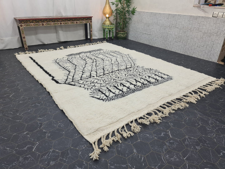 ARTISTIC MOROCCAN RUG, White And Black Rug, Beni Ourain Rug, Berber Wool Rug, Handwoven Abstract Rug, Azilal Carpet,Beniourain Wool Rug.