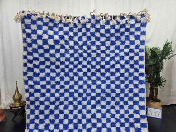 BEAUTIFUL BENIOURAIN RUG, Moroccan Handmade Rug, White  Blue Rug, Checkered Rug, Handmade Wool Carpet, Azilal Rug, Handwoven Berber Rug