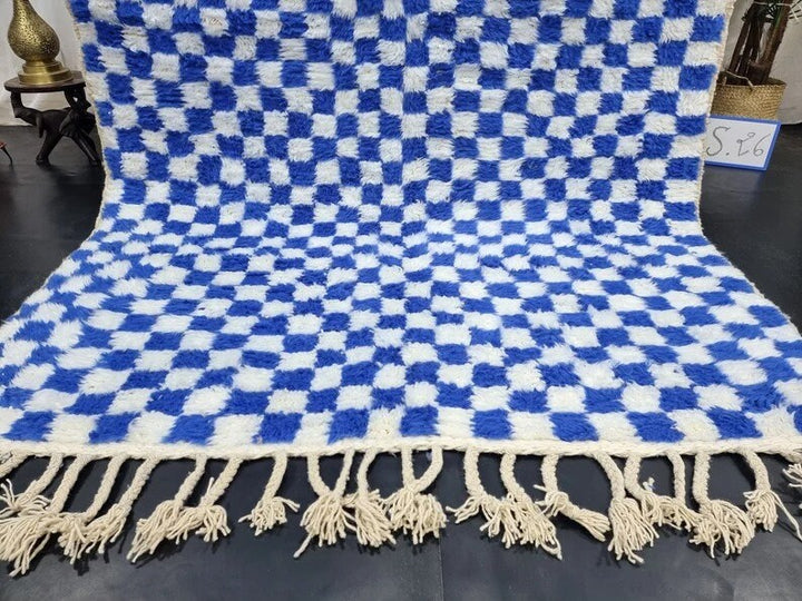 BEAUTIFUL BENIOURAIN RUG, Moroccan Handmade Rug, White  Blue Rug, Checkered Rug, Handmade Wool Carpet, Azilal Rug, Handwoven Berber Rug