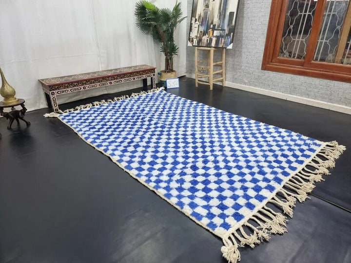 BEAUTIFUL BENIOURAIN RUG, Moroccan Handmade Rug, White  Blue Rug, Checkered Rug, Handmade Wool Carpet, Azilal Rug, Handwoven Berber Rug