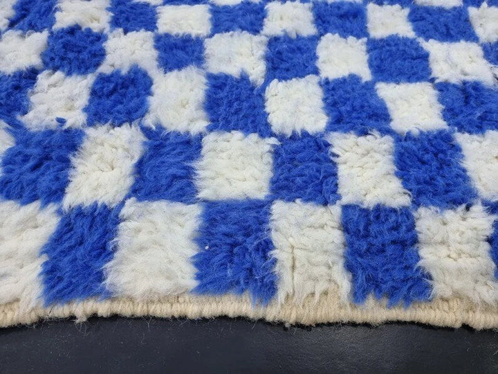 BEAUTIFUL BENIOURAIN RUG, Moroccan Handmade Rug, White  Blue Rug, Checkered Rug, Handmade Wool Carpet, Azilal Rug, Handwoven Berber Rug