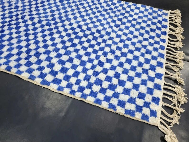 BEAUTIFUL BENIOURAIN RUG, Moroccan Handmade Rug, White  Blue Rug, Checkered Rug, Handmade Wool Carpet, Azilal Rug, Handwoven Berber Rug