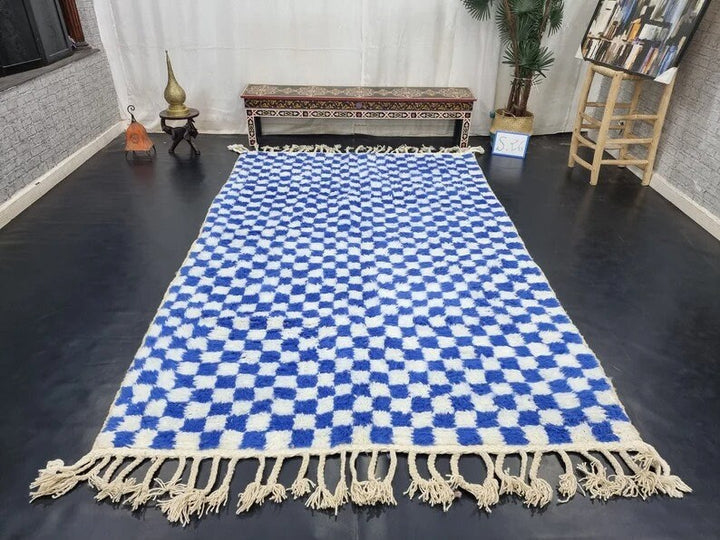 BEAUTIFUL BENIOURAIN RUG, Moroccan Handmade Rug, White  Blue Rug, Checkered Rug, Handmade Wool Carpet, Azilal Rug, Handwoven Berber Rug