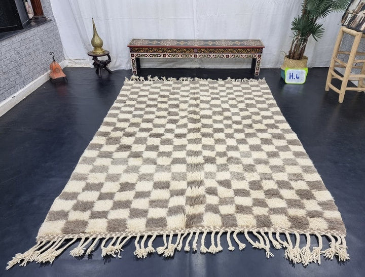 BEAUTIFUL MOROCCAN RUG, Beige And Brown Rug, Beni Ourain Rug, Berber Wool Rug, Handwoven Checkered Rug, Azilal Carpet,Beniourain Wool Rug.