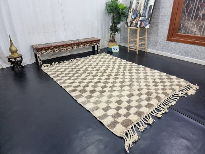 BEAUTIFUL MOROCCAN RUG, Beige And Brown Rug, Beni Ourain Rug, Berber Wool Rug, Handwoven Checkered Rug, Azilal Carpet,Beniourain Wool Rug.