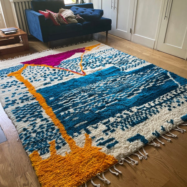 Fabelhafter Boujad-Teppich, authentischer marokkanischer Teppich, abstrakter mehrfarbiger Teppich, handgefertigter marokkanischer Teppich, böhmischer Teppich, Shag-Teppich, Boho-Teppich für Schlafzimmer