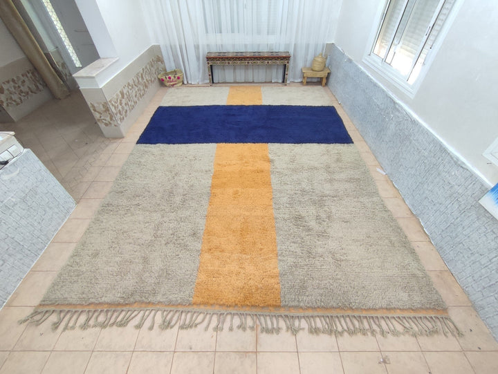 Big RUG, Handmade Moroccan Carpet, Abstract Authentic Rug, Beige. Blue Rug, Berber Sheep Wool Rug, Azilal Handmade Rug. beniourain rug,