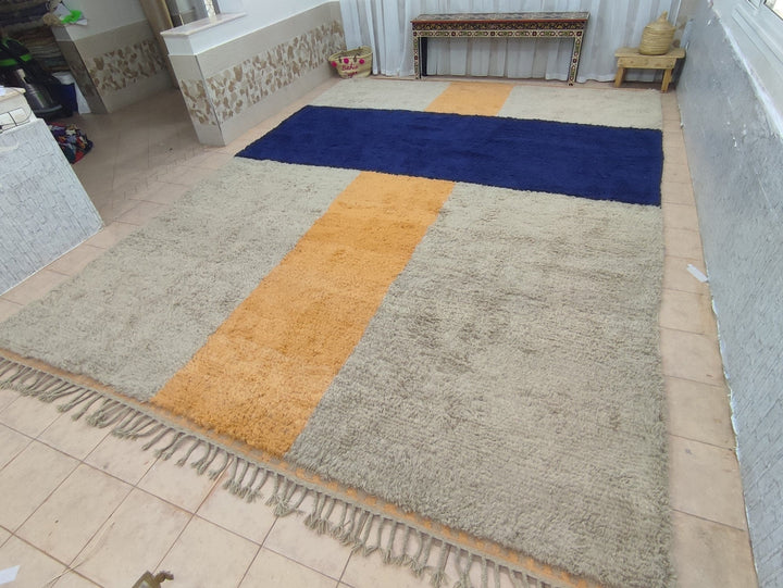 Big RUG, Handmade Moroccan Carpet, Abstract Authentic Rug, Beige. Blue Rug, Berber Sheep Wool Rug, Azilal Handmade Rug. beniourain rug,