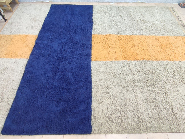 Big RUG, Handmade Moroccan Carpet, Abstract Authentic Rug, Beige. Blue Rug, Berber Sheep Wool Rug, Azilal Handmade Rug. beniourain rug,