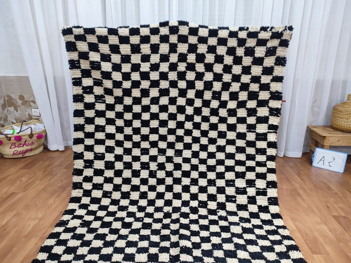  checkered moroccan berber shaggy rug, black and white wool checkered rug, checkered rug, checkerboard rug, handmade checkered rug