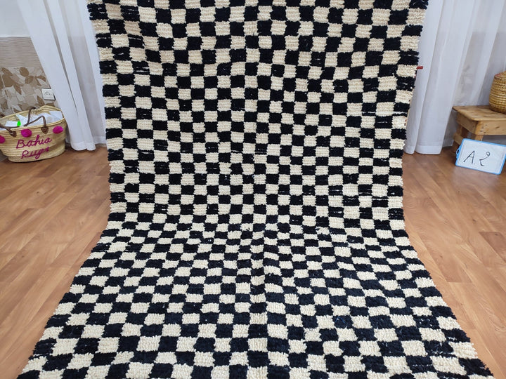  checkered moroccan berber shaggy rug, black and white wool checkered rug, checkered rug, checkerboard rug, handmade checkered rug