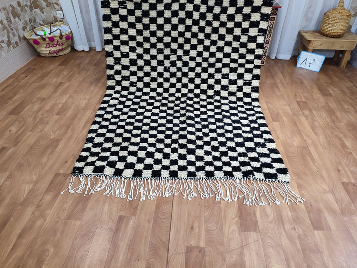  checkered moroccan berber shaggy rug, black and white wool checkered rug, checkered rug, checkerboard rug, handmade checkered rug