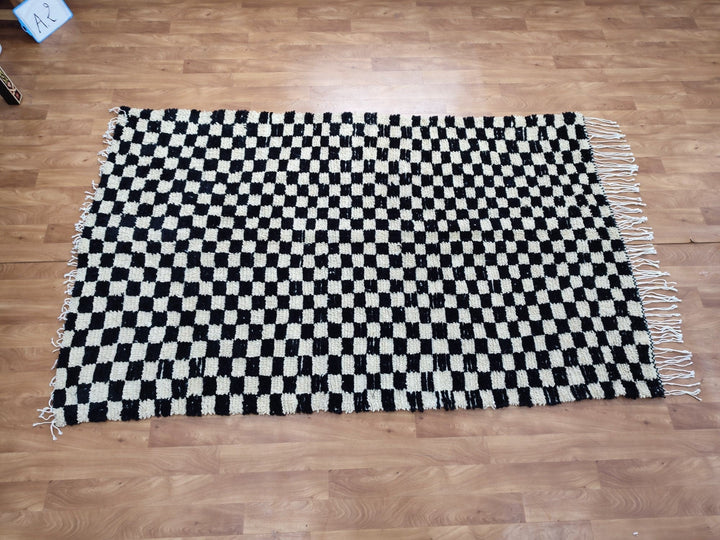  checkered moroccan berber shaggy rug, black and white wool checkered rug, checkered rug, checkerboard rug, handmade checkered rug