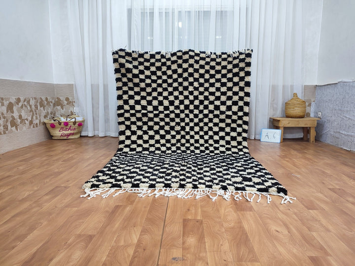  checkered moroccan berber shaggy rug, black and white wool checkered rug, checkered rug, checkerboard rug, handmade checkered rug