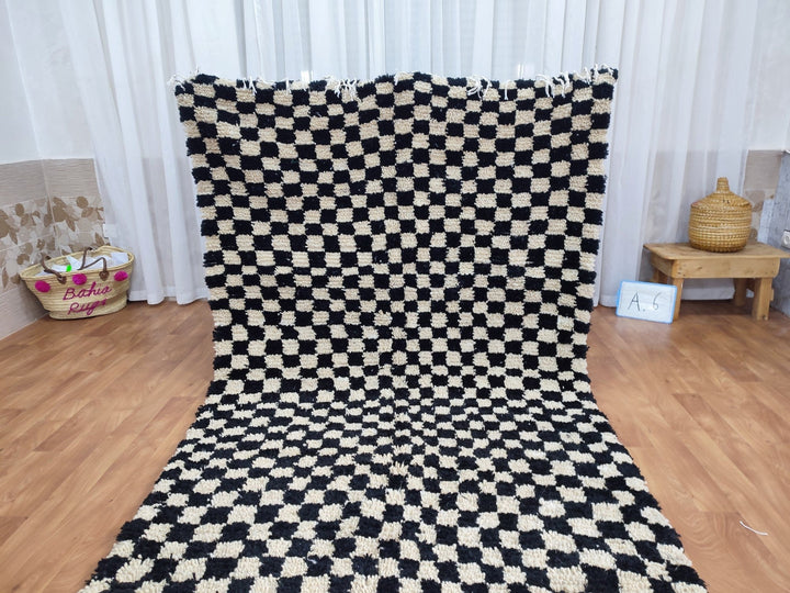  checkered moroccan berber shaggy rug, black and white wool checkered rug, checkered rug, checkerboard rug, handmade checkered rug