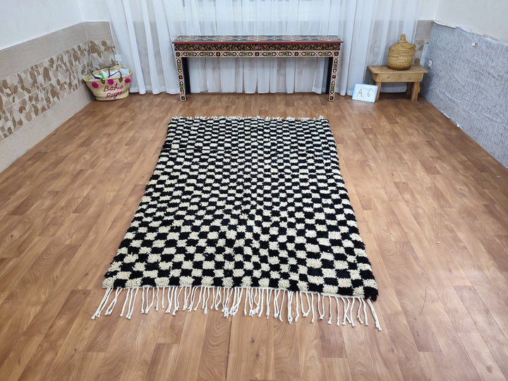  checkered moroccan berber shaggy rug, black and white wool checkered rug, checkered rug, checkerboard rug, handmade checkered rug